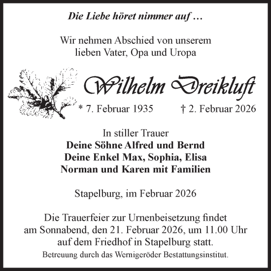 Traueranzeige von Wilhelm Dreikluft von Volksstimme Wernigerode