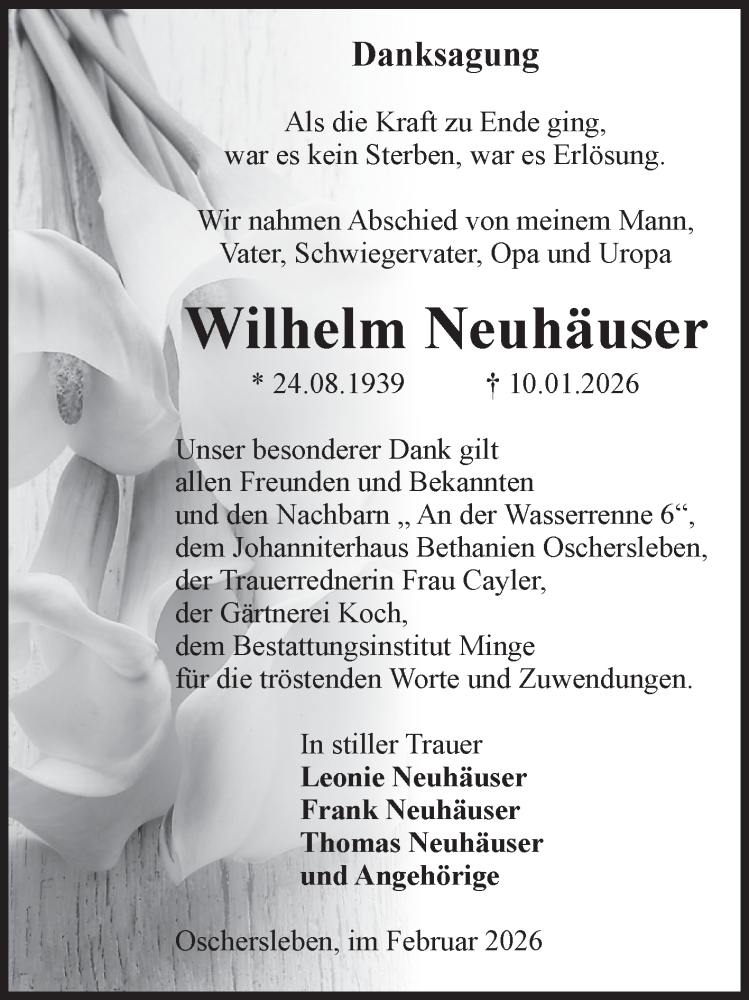  Traueranzeige für Wilhelm Neuhäuser vom 14.02.2026 aus Volksstimme Oschersleben/Wanzleben
