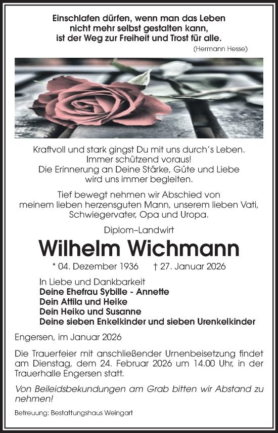 Traueranzeige von Wilhelm Wichmann von Volksstimme Altmark West