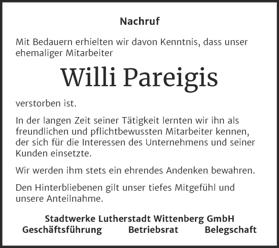 Traueranzeige von Willi Pareigis von Super Sonntag Wittenberg