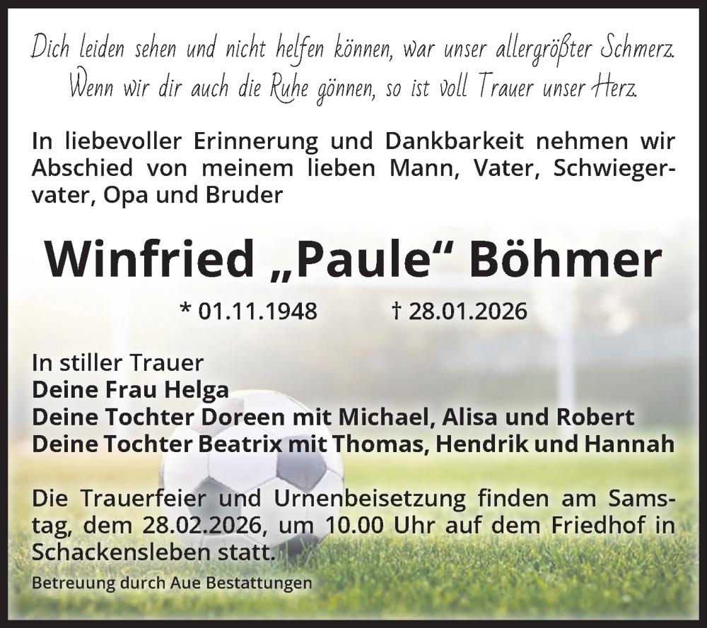  Traueranzeige für Winfried Böhmer vom 07.02.2026 aus Volksstimme Haldensleben/Wolmirstedt