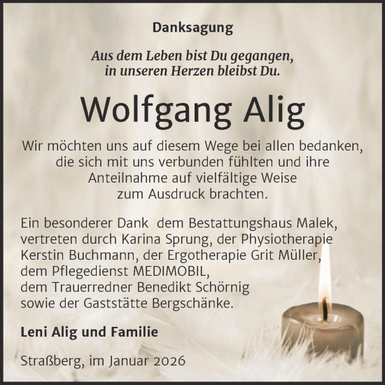 Traueranzeige von Wolfgang Alig von Trauerkombi Quedlinburg
