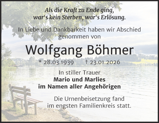 Traueranzeige von Wolfgang Böhmer von Trauerkombi Bernburg