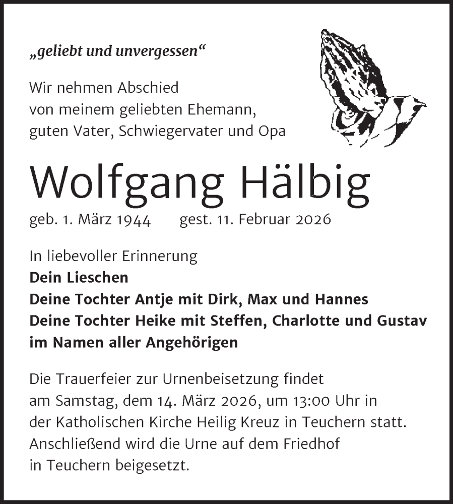 Traueranzeige für Wolfgang Hälbig vom 28.02.2026 aus Trauerkombi Weißenfels
