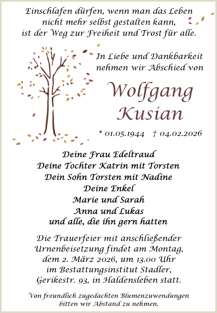  Traueranzeige für Wolfgang Kusian vom 14.02.2026 aus Volksstimme Haldensleben/Wolmirstedt
