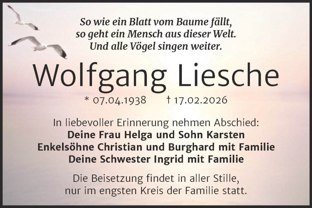  Traueranzeige für Wolfgang Liesche vom 28.02.2026 aus Trauerkombi Bitterfeld