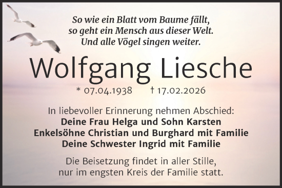 Traueranzeige von Wolfgang Liesche von Trauerkombi Bitterfeld