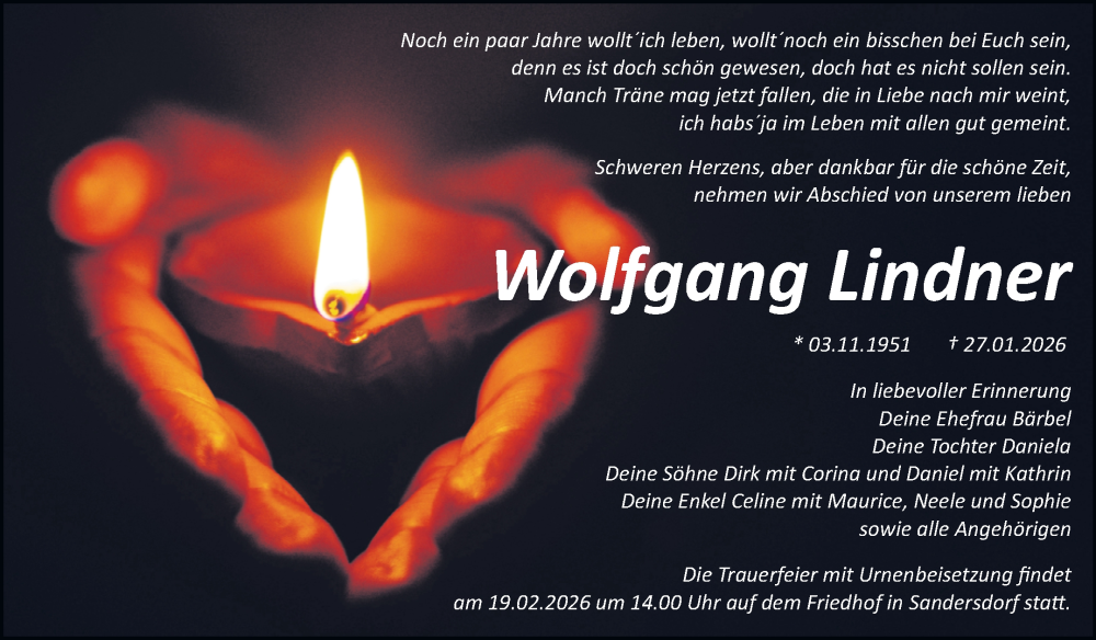  Traueranzeige für Wolfgang Lindner vom 07.02.2026 aus Trauerkombi Bitterfeld