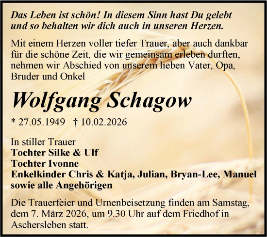 Traueranzeige von Wolfgang Schagow von Trauerkombi Aschersleben