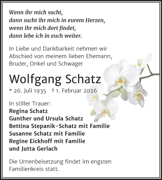 Traueranzeige von Wolfgang Schatz von Mitteldeutsche Zeitung Halle/Saalkreis