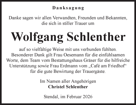 Traueranzeige von Wolfgang Schlenther von Volksstimme Altmark Ost