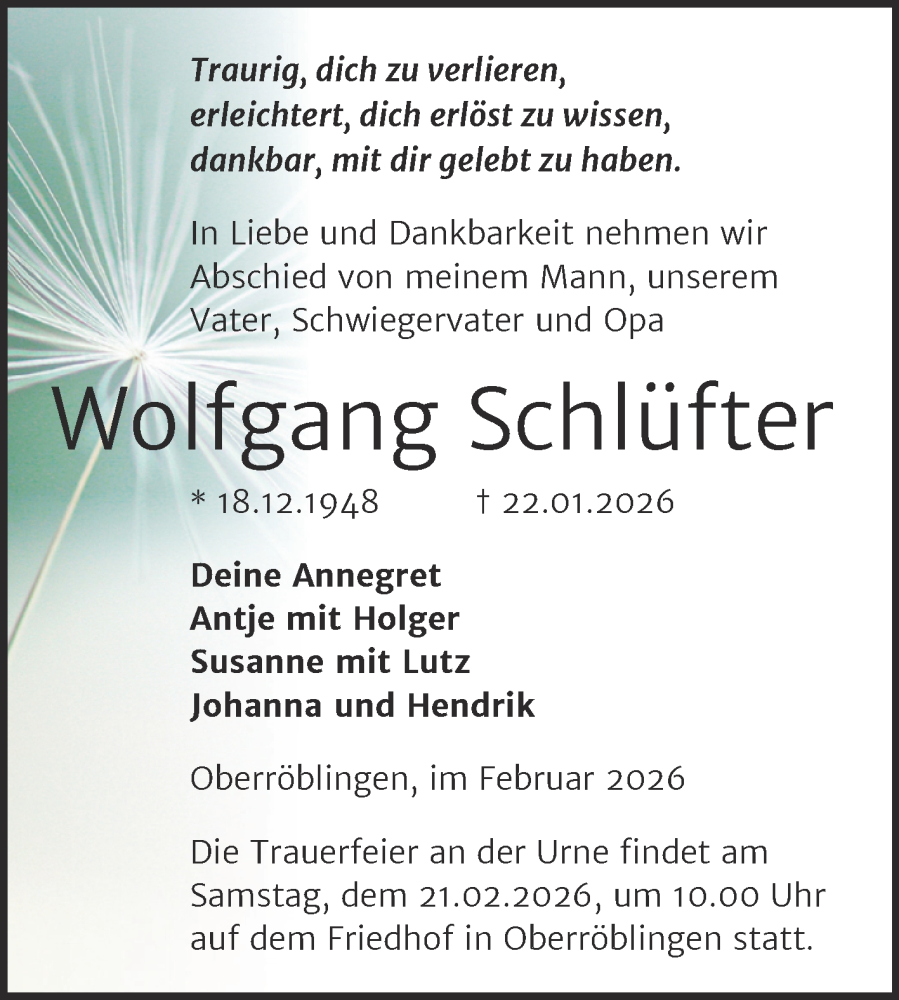  Traueranzeige für Wolfgang Schlüfter vom 11.02.2026 aus Trauerkombi Sangerhausen