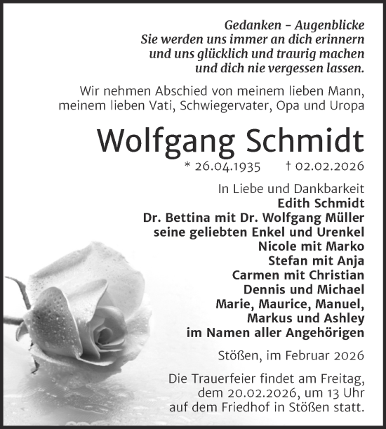 Traueranzeige von Wolfgang Schmidt von Super Sonntag Naumburg/Nebra