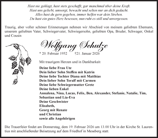 Traueranzeige von Wolfgang Schulze von Volksstimme Haldensleben/Wolmirstedt