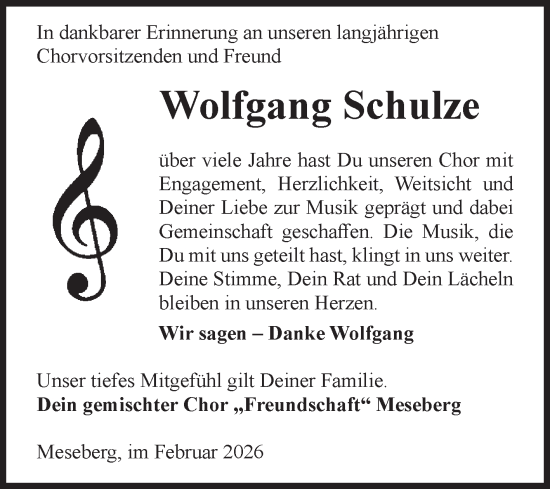 Traueranzeige von Wolfgang Schulze von Volksstimme Haldensleben/Wolmirstedt