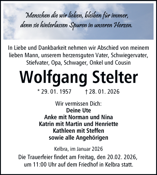 Traueranzeige von Wolfgang Stelter von Trauerkombi Sangerhausen