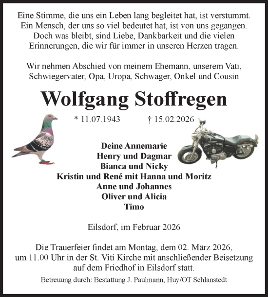 Traueranzeige von Wolfgang Stoffregen von Volksstimme Halberstadt