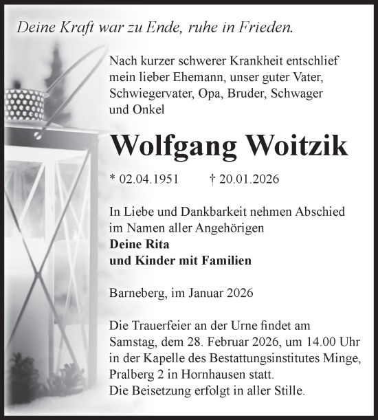 Traueranzeige von Wolfgang Woitzik von Volksstimme Oschersleben/Wanzleben