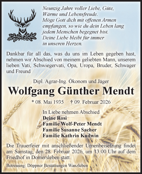 Traueranzeige von Wolfgang Günther Mendt von Volksstimme Oschersleben/Wanzleben