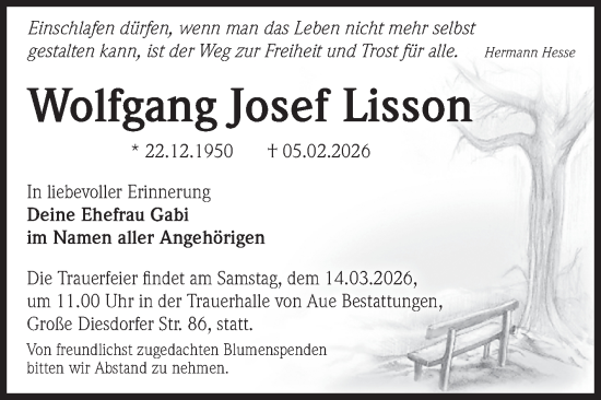 Traueranzeige von Wolfgang Josef Lisson von Volksstimme Magdeburg