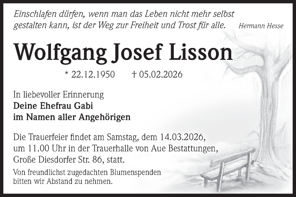  Traueranzeige für Wolfgang Josef Lisson vom 28.02.2026 aus Volksstimme Magdeburg