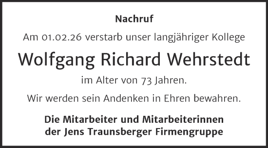 Traueranzeige von Wolfgang Richard Wehrstedt von Mitteldeutsche Zeitung Aschersleben