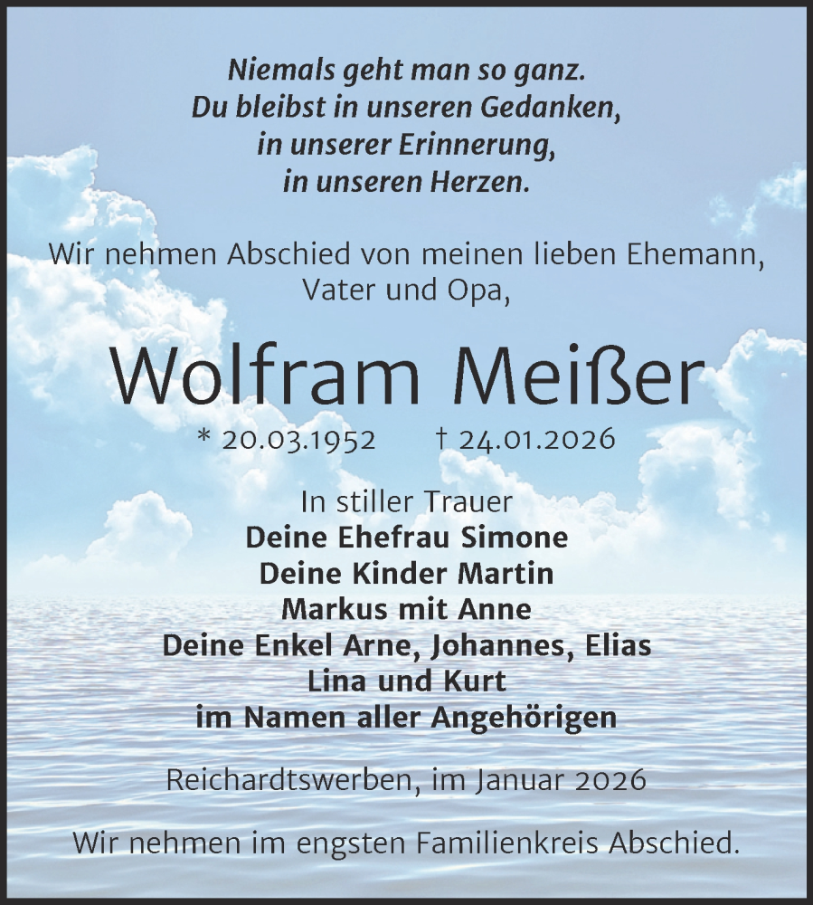  Traueranzeige für Wolfram Meißer vom 07.02.2026 aus Trauerkombi Weißenfels