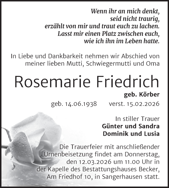 Traueranzeige von Rosemarie Friedrich von Trauerkombi Sangerhausen